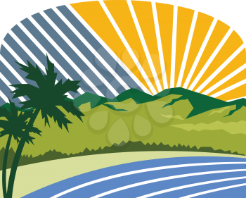 Illustration of tropical trees, mountains and sea coast set with sunburst in the background done in retro style. 