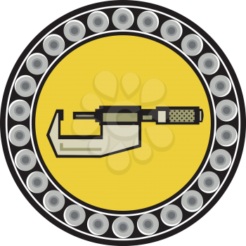 Illustration of a caliper tool set inside ball bearing circle on isolated background done in retro style. 