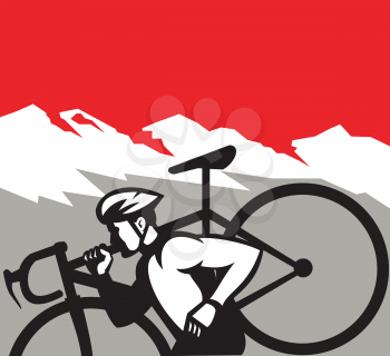 Illustration of a cyclocross athlete running carrying bicycle on shoulder viewed from the side set inside square shape with alps mountain in the background done in retro style. 