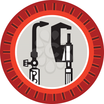Illustration of a welding torch and caliper tools set inside circle with notches done in retro style. 