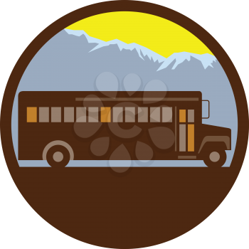 Illlustration of a vintage school bus viewed from the side with mountains in the background set inside circle done in retro style. 