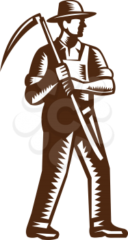 Illustration of an organic farmer farm worker full body wearing hat holding scythe facing side set on isolated white background done in retro woodcut style.