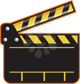 Illustration of an open movie camera slate clapper board viewed from front set on isolated white background done in retro style. 