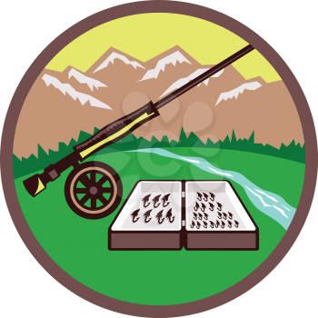 Illustration of a fly box and rod on wheel set inside circle with mountains, grass, trees and river in the background done in retro style. 