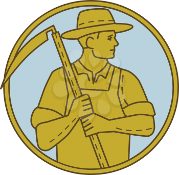 Mono line style illustration of an organic farmer farm worker holding scythe looking to the side set inside circle on isolated background.