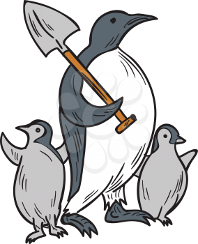 Drawing sketch style illustration of a penguin holding shovel on shoulder with baby penguin chicks looking to the side set on isolated white background. 