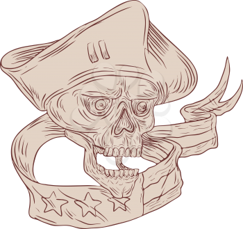 Drawing sketch style illustration of a skull patriot wearing hat viewed from front with ribbon and flag set on isolated white background. 