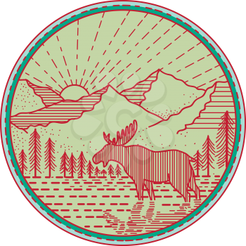 Illustration of a moose viewed from the side with river mountain and sun burst in the background set inside circle done in retro style. 