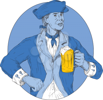 Drawing sketch style illustration of an american patriot holding beer mug toasting
viewed from front set inside oval shape on isolated background. 