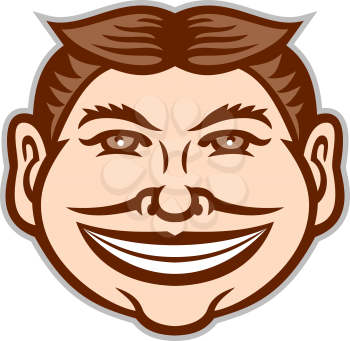 Mascot icon illustration of head of a funny face grinning, leering, smiling slyly beaming mug with hair parted in middle viewed from front on isolated background in retro style.