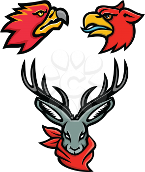 Mascot icon illustration set of heads of mythical or folklore creatures and animals like the firebird, griffin and jackalope viewed from front and side  on isolated background in retro style.
