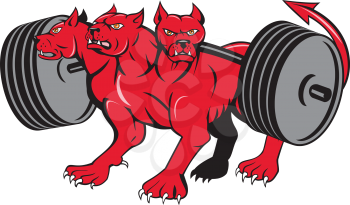 Illustration of cerberus, in Greek and Roman mythology, a multi-headed usually three-headed dog, or hellhound with a serpent's tail, a mane of snakes lion's claws powerlifting barbell done in cartoon style . 