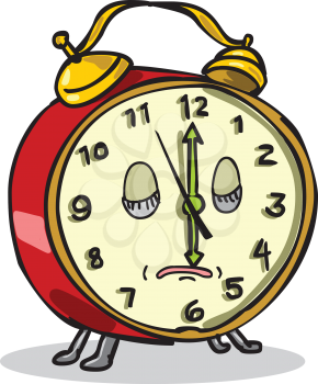 Cartoon style illustration of a vintage bell-style alarm clock character asleep or sleeping with hour hand at six o'clock on isolated background.