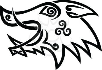 Celtic knot stylized  illustration of a head of wild boar, wild pig, hog or razorback side view done in
plait work knotwork woven into cord design with triskelion in black and white stencil style.