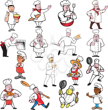 Set or Collection of cartoon character style illustration of a chef, baker or cook in full body on isolated white background.