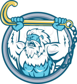 Retro style illustration of a muscular yeti or Abominable Snowman, an ape-like entity lifting or holding up a j hook or tow hook set inside circle on isolated background.