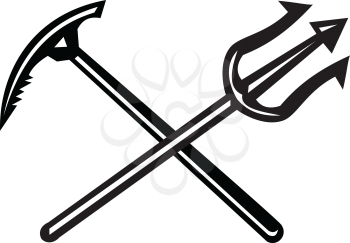 Icon retro style illustration of a crossed mountain ice axe and a trident fork on isolated background done in black and white.