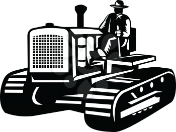 Illustration of a farmer driving a vintage farm tractor set on isolated white background viewed from the side done in retro woodcut Black and White style. 