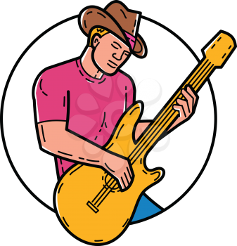 Mono line illustration of cowboy rocker, guitarist, band member, musician or guitar player, playing the guitar set inside circle done in monoline style.
