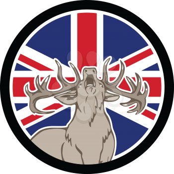 Icon retro style illustration of a British red stag deer,  Cervus elaphus, roaring front view  with United Kingdom UK, Great Britain Union Jack flag set inside circle on isolated background.