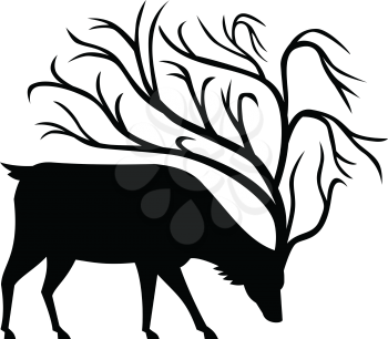Mascot icon illustration of a black silhouette of a buck, stag or deer with tree-like antlers with branches, grazing viewed from side on isolated background in retro style.