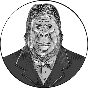 Drawing sketch style illustration of an elegant, hipster and well-groomed gorilla, ape or primate wearing a tuxedo or business suit and bow tie viewed from front set inside circle on isolated background.