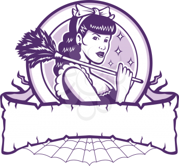 Illustration of a French Maid Female Cleaner holding feather duster on shoulder looking to front set inside circle with scroll and cobwebs done in Retro style.