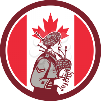 Icon retro style illustration of a Canadian bagpiper playing the bagpipes with Canada maple leaf flag set inside circle on isolated background.