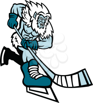 Mascot icon illustration of an aggressive Yeti or Abominable Snowman, a folkloric ape-like creature, with hockey stick playing ice hockey viewed from front on isolated background in retro style.