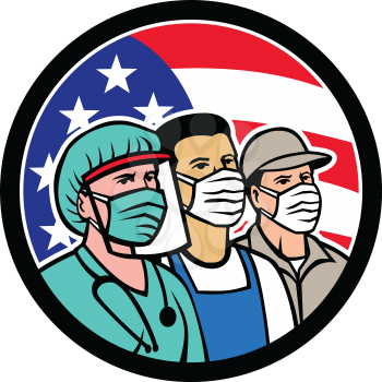 Mascot icon illustration of American nurse, doctor, grocery, pharmacist, EMT, delivery, trucker, food, front line, hospice worker wearing mask with USA stars and stripes flag in circle in retro style.