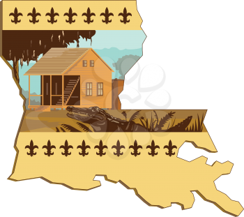 Retro wpa style illustration of a Cajun house and alligator or gator in foreground set inside outline of Louisiana state map of United States of America, USA with fleur-de-lis on isolated background.