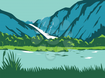 Retro WPA illustration of the Fox Glacier and Franz Josef Glacier in the South Island of New Zealand done in works project administration or federal art project style.