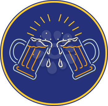 Retro style illustration showing a 1990s neon sign light signage lighting of a  beer mug toasting set inside oval or circle on isolated background.