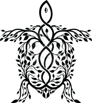 Celtic knot stylized  illustration of a sea turtle done in plait work or knotwork woven into unbroken cord design.