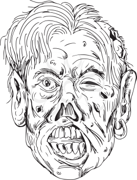 Drawing sketch style illustration of a zombie head, a fictional undead with eyes rolling and mouth chewing viewed from front on isolated background in black and white