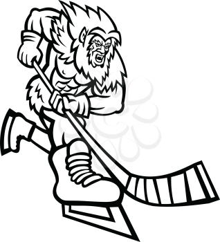 Mascot icon illustration of an aggressive Yeti or Abominable Snowman, a folkloric ape-like creature, with hockey stick playing ice hockey on isolated background in Black and White retro style.