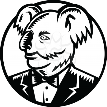 Retro woodcut style illustration of a koala, an arboreal herbivorous marsupial native to Australia, wearing a tuxedo black tie looking to side set inside circle done in black and white.