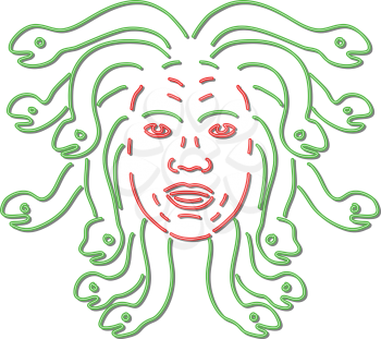 Retro style illustration showing a 1990s neon sign light signage lighting of head of Medusa in Greek mythology, Gorgon monster, living venomous snakes instead of hair on isolated background.