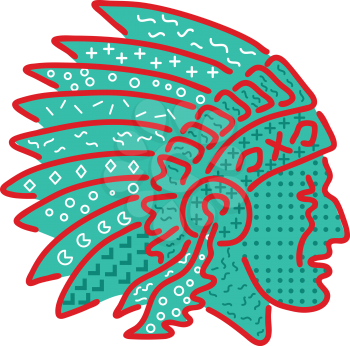 1980s Memphis style design illustration of a Native American Indian chief wearing a feathered headdress viewed from side on isolated background.