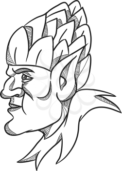 Drawing sketch style illustration of an elf, a human-shaped supernatural being in Germanic mythology folklore looking to side wearing hops hat on head on isolated white background in black and white.