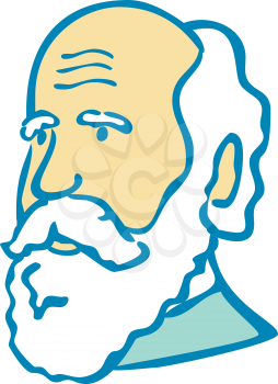 Doodle art illustration of a nerdy scientist or Charles Darwin with white beard done in cartoon style on isolated white background.