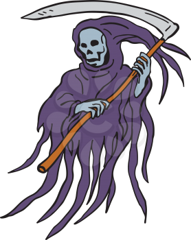 Drawing sketch style illustration of the evil grim reaper or death with scythe and torn hood  on isolated white background.