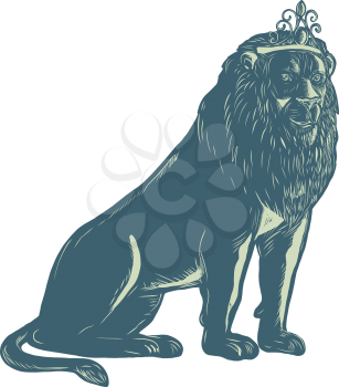 Scratchboard style illustration of a lion wearing a tiara sitting down viewed from front done on scraperboard on isolated background.