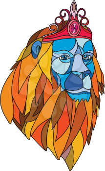 Mosaic low polygon style illustration of a lion with big mane wearing a tiara crown viewed from front on isolated white background in color.