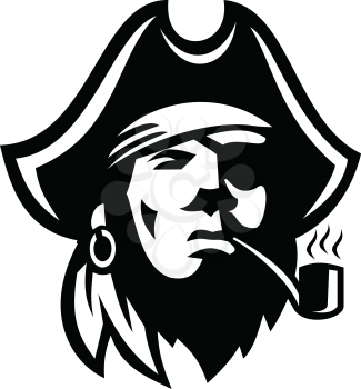 Retro Black and White style illustration of a Buccaneer or pirate with eye patch and tricorne hat Smoking Pipe viewed from front on isolated background.