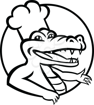 Mascot illustration of a happy alligator, gator or crocodile wearing chef hat set inside circle viewed from front on isolated background in retro black and white style.