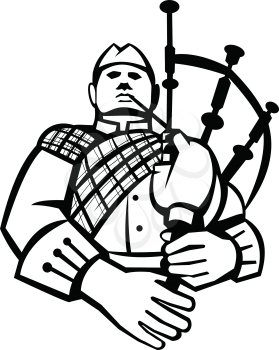 Illustration of a scotsman bagpiper player playing bagpipes viewed from front set inside circle on isolated background done in retro black and white style. 