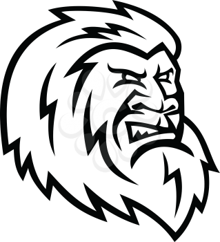 Mascot icon illustration of head of a Yeti or Abominable Snowman, an ape-like entity, mythical or legendary creature in the folklore of Nepal viewed from side isolated background in retro black and white style.