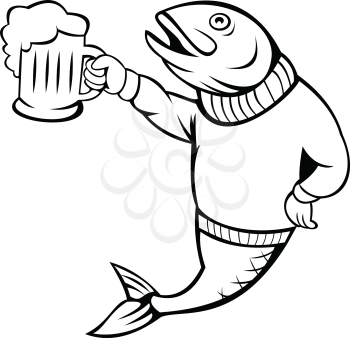 Cartoon style illustration of a trout or salmon fish holding up beer mug of ale wearing sweater or jersey on isolated white background.