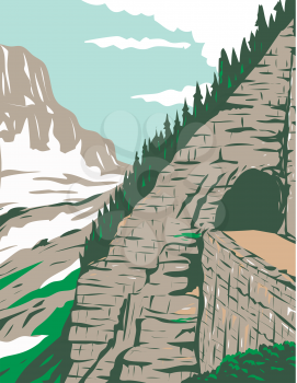 WPA poster art of Going-to-the-Sun Road in Eastside tunnel and Mt. Reynolds, Glacier National Park, Montana, United States in works project administration or federal art project style.